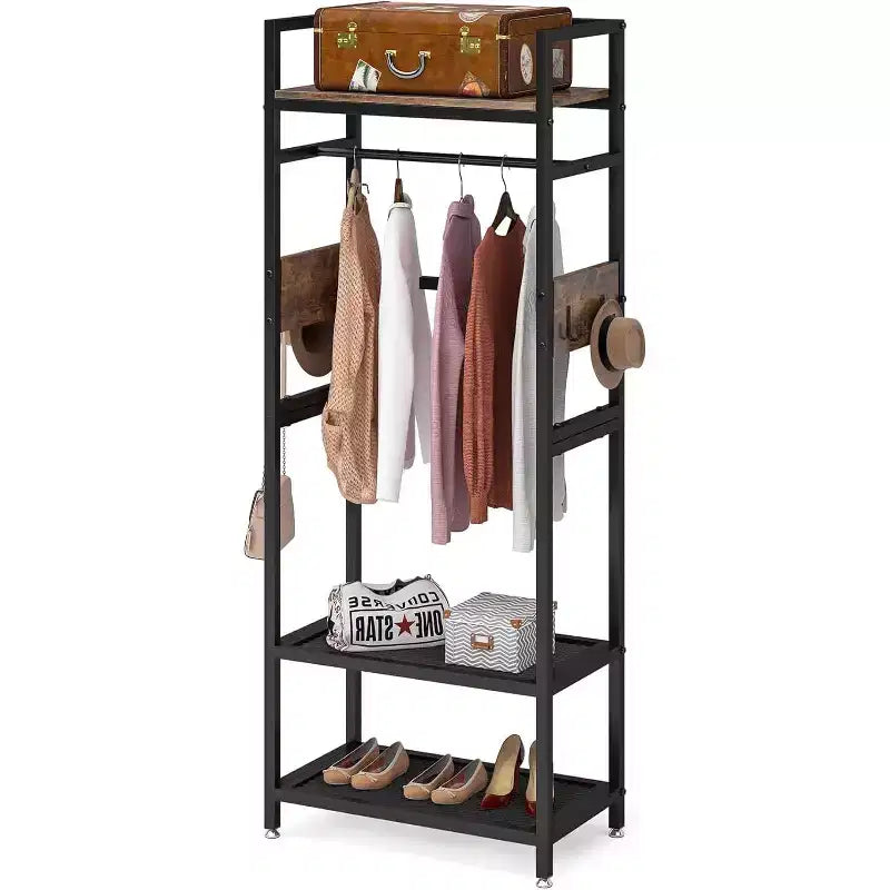 Portant à vêtements robuste de 175 cm : Organisateur de penderie autonome avec étagères de rangement ouvertes et crochets, marron et noir pour chambre à coucher