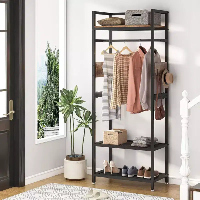 Portant à vêtements robuste de 175 cm : Organisateur de penderie autonome avec étagères de rangement ouvertes et crochets, marron et noir pour chambre à coucher