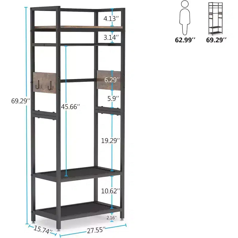Portant à vêtements robuste de 175 cm : Organisateur de penderie autonome avec étagères de rangement ouvertes et crochets, marron et noir pour chambre à coucher