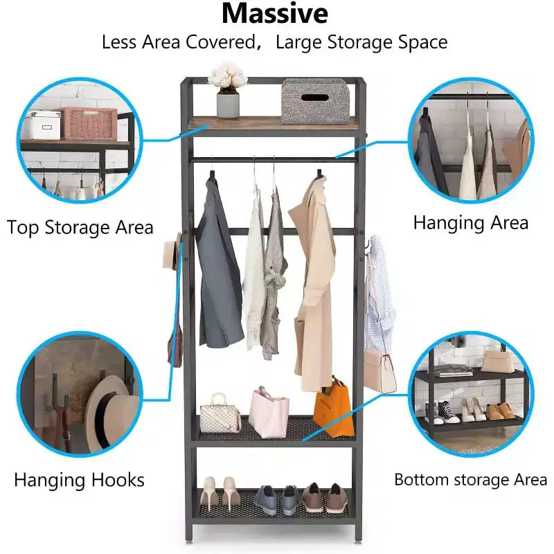 Portant à vêtements robuste de 175 cm : Organisateur de penderie autonome avec étagères de rangement ouvertes et crochets, marron et noir pour chambre à coucher