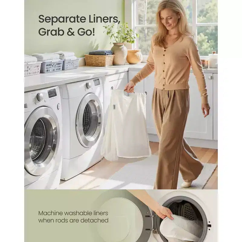 Panier à Linge 2 Sections, 130 L, Osier en Jacinthe d'Eau Tissée à la Main, avec Couvercle, Sacs Amovibles et Lavables, Poignées