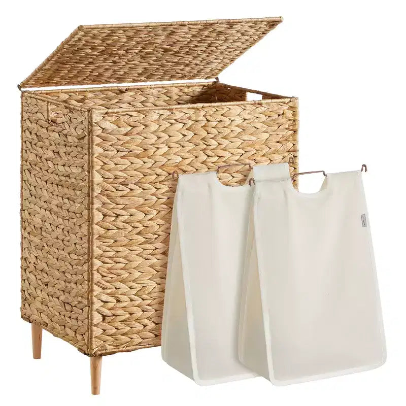 Panier à Linge 2 Sections, 130 L, Osier en Jacinthe d'Eau Tissée à la Main, avec Couvercle, Sacs Amovibles et Lavables, Poignées