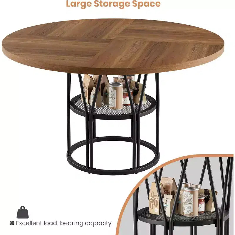 Table à manger ronde pour 4-6 personnes, table de cuisine circulaire de 119 cm avec étagère de rangement et cadre en métal robuste, table de salle à manger moderne pour cuisine, salon