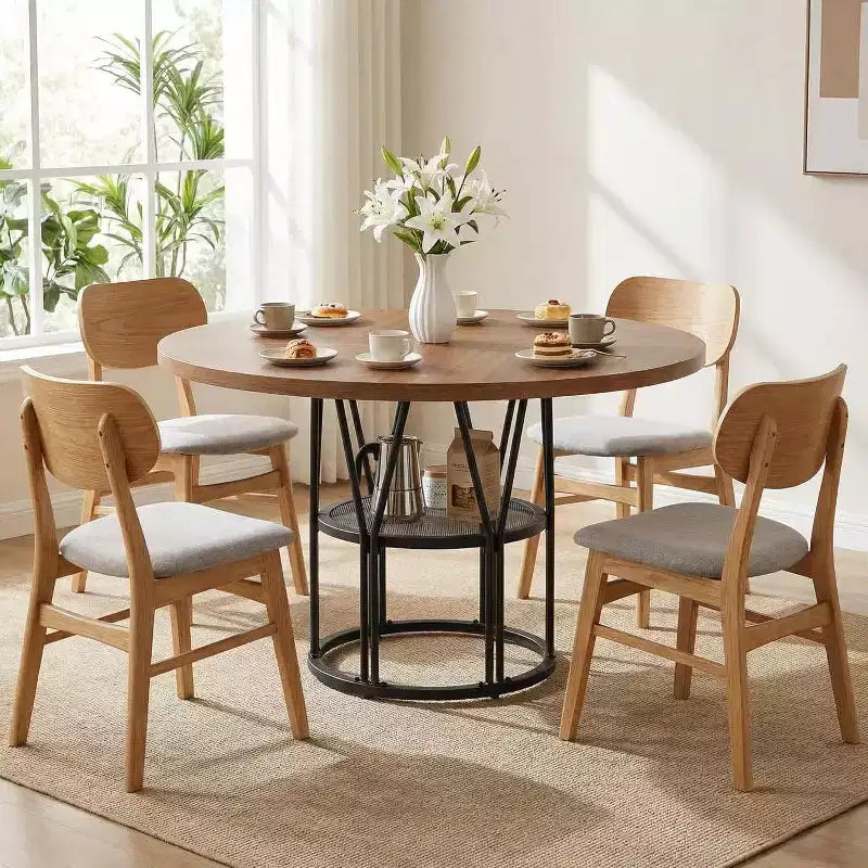 Table à manger ronde pour 4-6 personnes, table de cuisine circulaire de 119 cm avec étagère de rangement et cadre en métal robuste, table de salle à manger moderne pour cuisine, salon