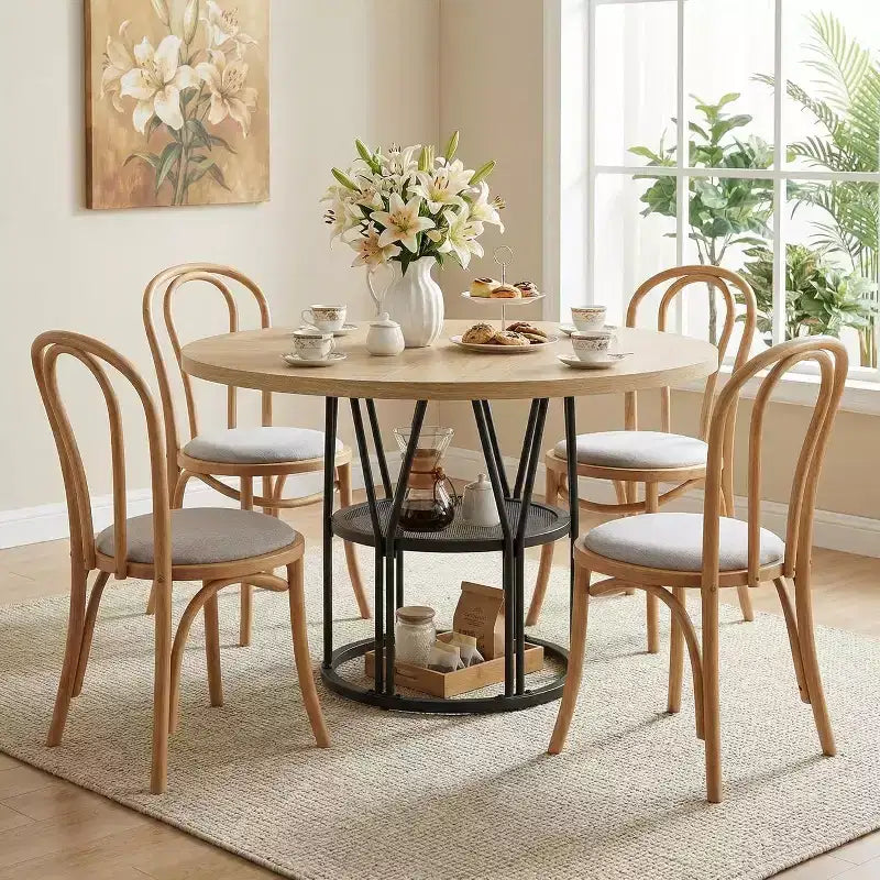 Table à manger ronde pour 4-6 personnes, table de cuisine circulaire de 119 cm avec étagère de rangement et cadre en métal robuste, table de salle à manger moderne pour cuisine, salon