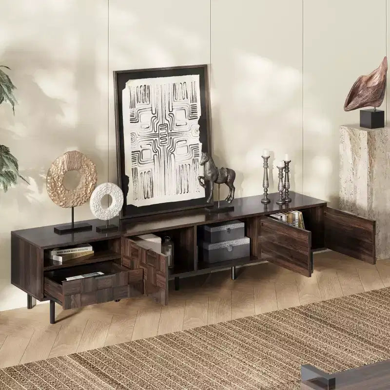 Meuble TV moderne du milieu du siècle de 78 pouces pour téléviseurs de 65+ pouces, console TV avec armoires de rangement pour salon, meuble de rangement pour centre de divertissement