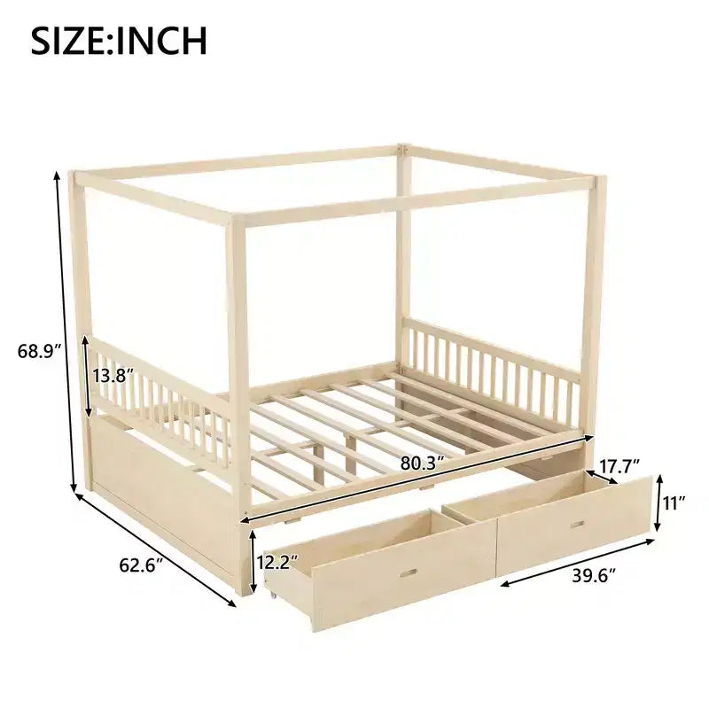 Cadre de lit à baldaquin en bois de taille Queen avec 2 tiroirs de rangement intégrés, construction robuste et durable