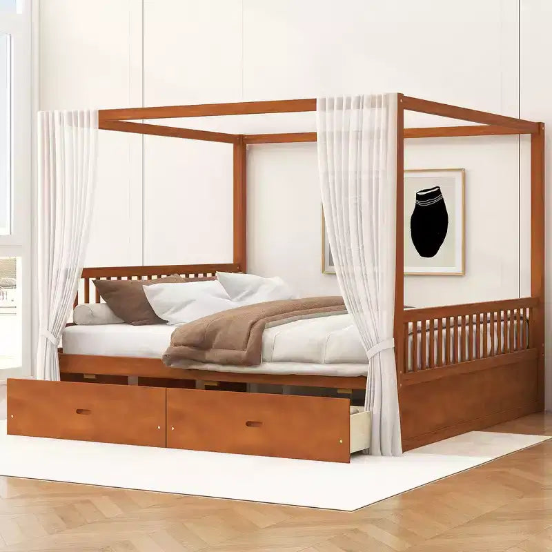 Cadre de lit à baldaquin en bois de taille Queen avec 2 tiroirs de rangement intégrés, construction robuste et durable