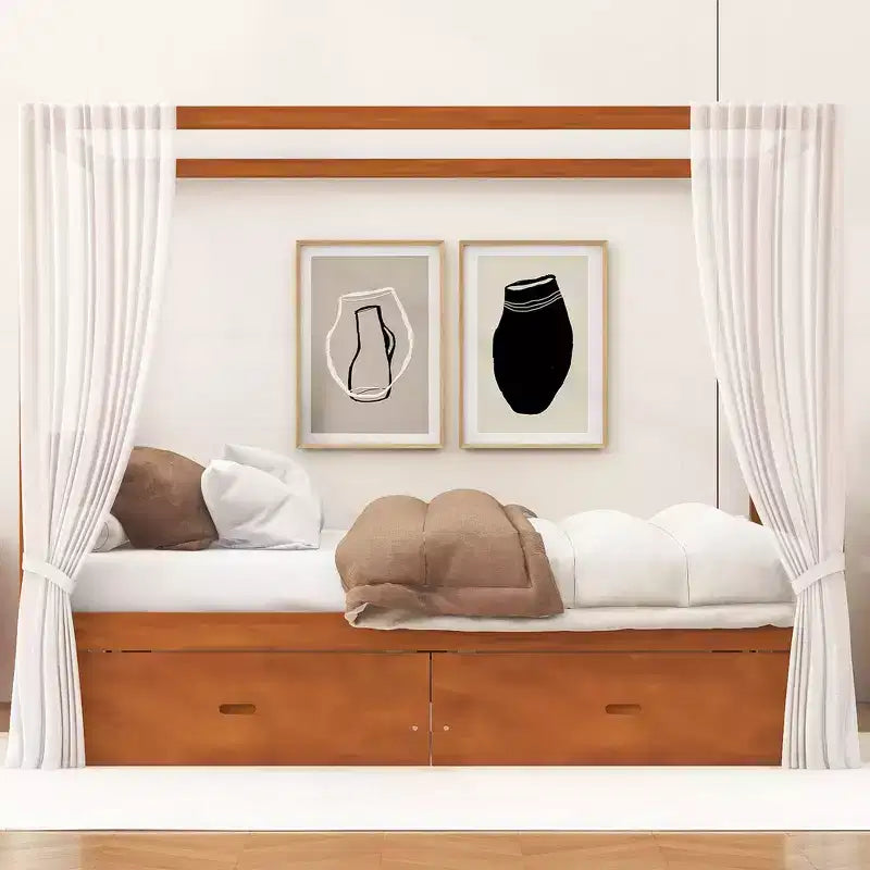 Cadre de lit à baldaquin en bois de taille Queen avec 2 tiroirs de rangement intégrés, construction robuste et durable