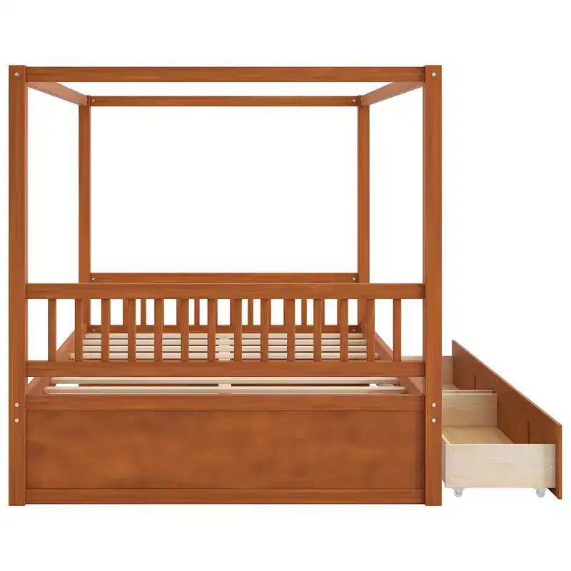 Cadre de lit à baldaquin en bois de taille Queen avec 2 tiroirs de rangement intégrés, construction robuste et durable