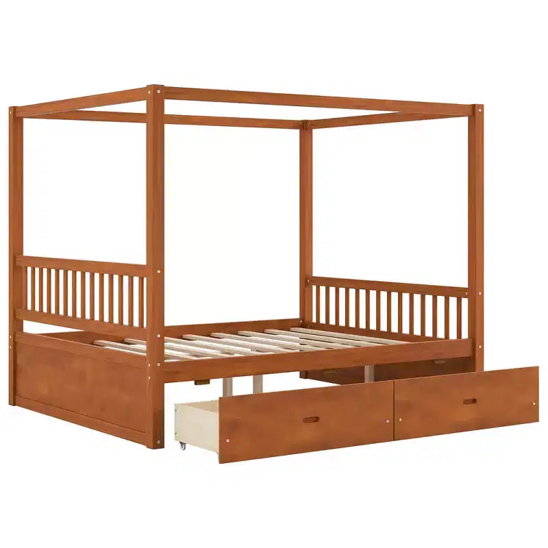 Cadre de lit à baldaquin en bois de taille Queen avec 2 tiroirs de rangement intégrés, construction robuste et durable
