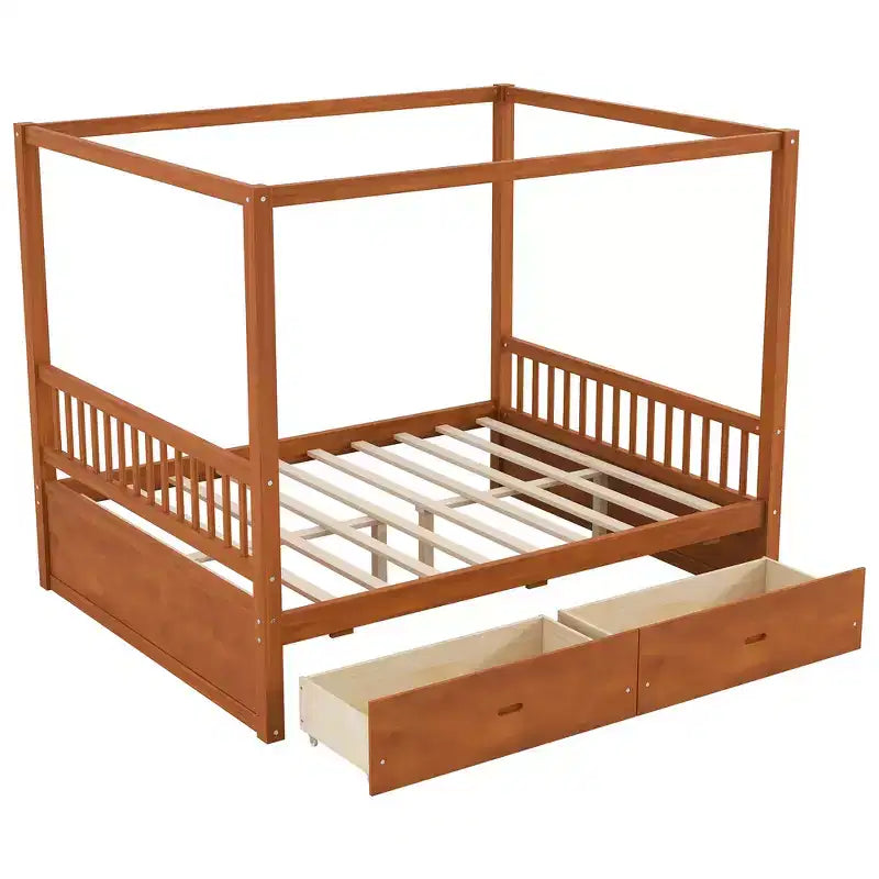 Cadre de lit à baldaquin en bois de taille Queen avec 2 tiroirs de rangement intégrés, construction robuste et durable