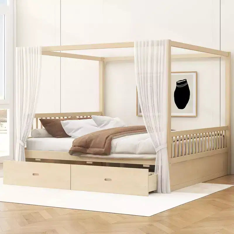 Cadre de lit à baldaquin en bois de taille Queen avec 2 tiroirs de rangement intégrés, construction robuste et durable