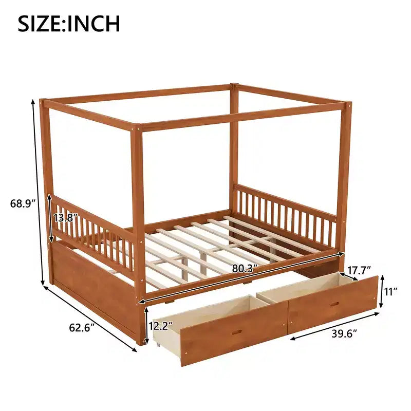 Cadre de lit à baldaquin en bois de taille Queen avec 2 tiroirs de rangement intégrés, construction robuste et durable