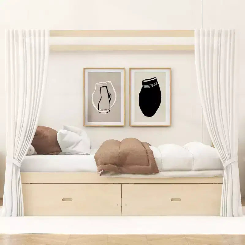 Cadre de lit à baldaquin en bois de taille Queen avec 2 tiroirs de rangement intégrés, construction robuste et durable