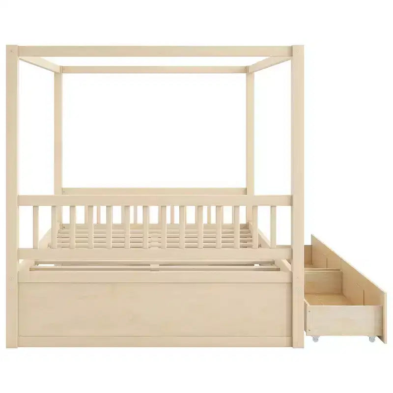 Cadre de lit à baldaquin en bois de taille Queen avec 2 tiroirs de rangement intégrés, construction robuste et durable