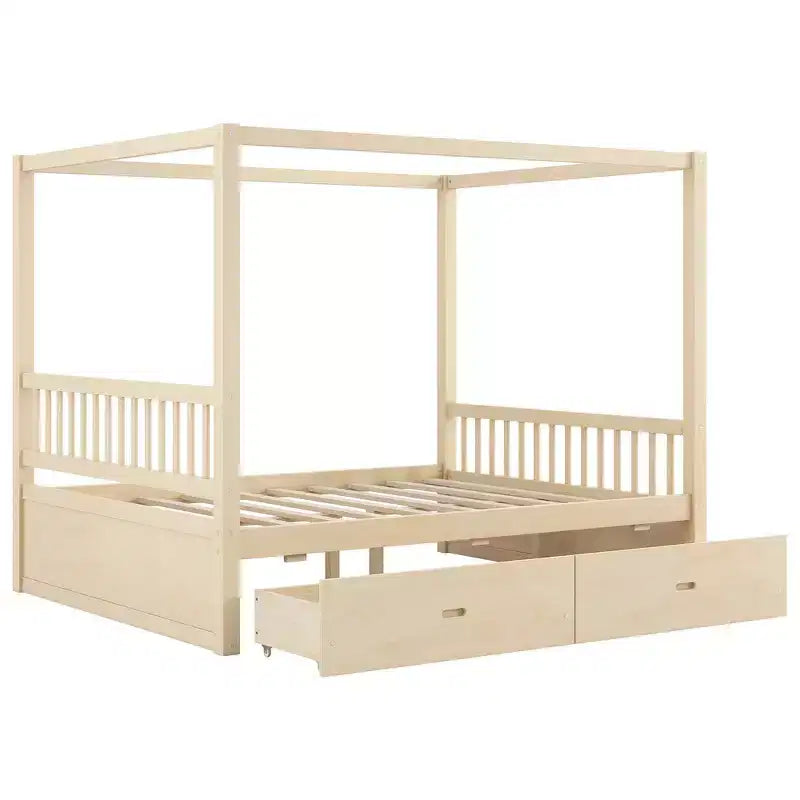 Cadre de lit à baldaquin en bois de taille Queen avec 2 tiroirs de rangement intégrés, construction robuste et durable