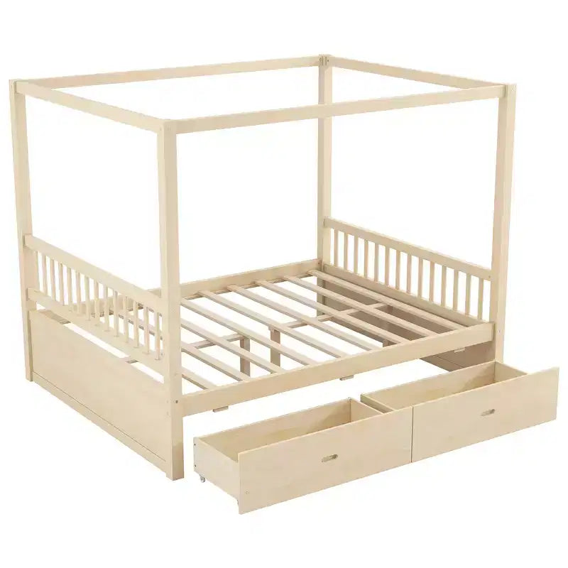 Cadre de lit à baldaquin en bois de taille Queen avec 2 tiroirs de rangement intégrés, construction robuste et durable