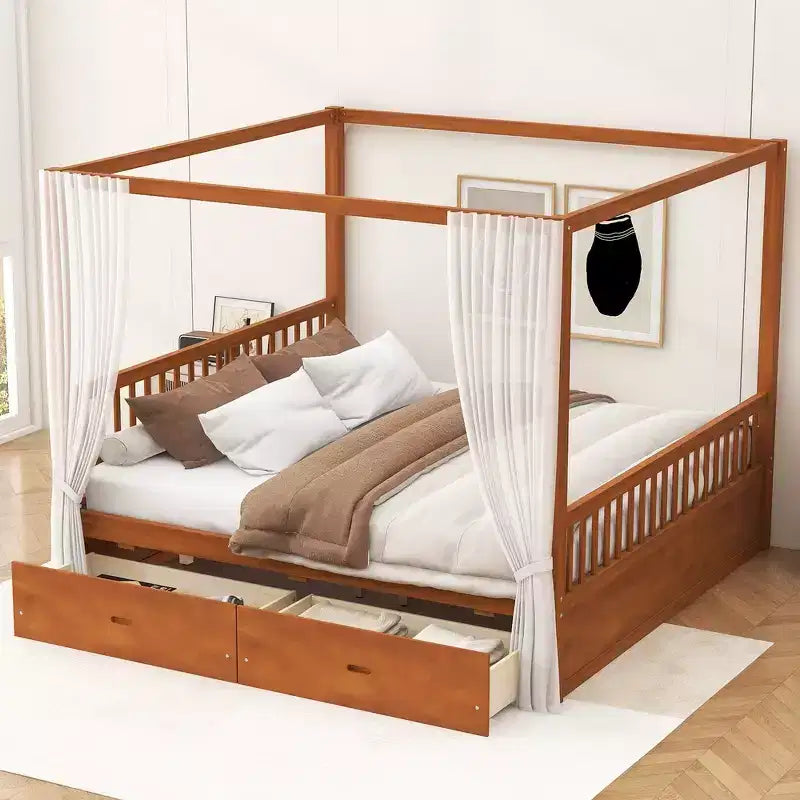 Cadre de lit à baldaquin en bois de taille Queen avec 2 tiroirs de rangement intégrés, construction robuste et durable