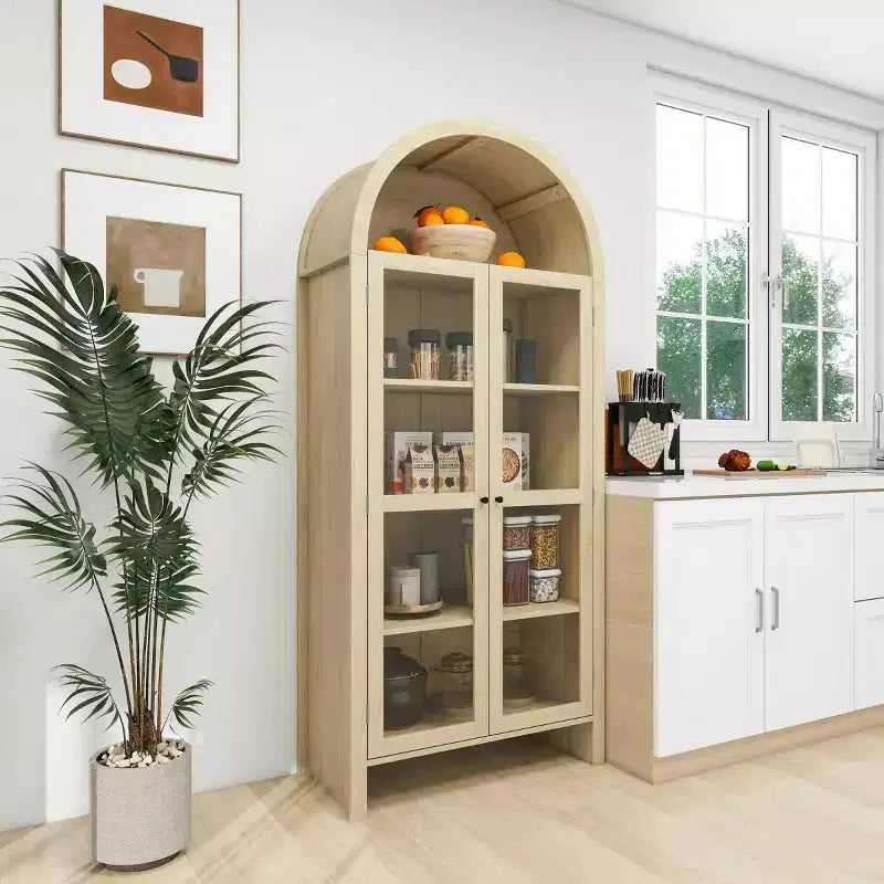 70 Armoire de présentation moderne arquée avec portes vitrées, Meuble de rangement de cuisine naturel pour la salle à manger ou le salon