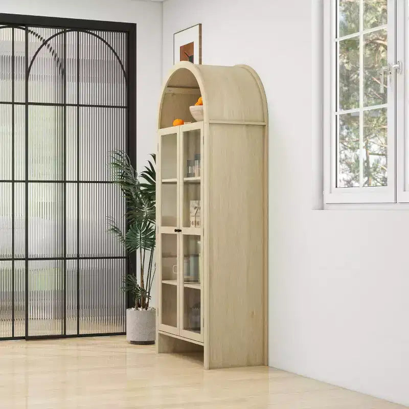 70 Armoire de présentation moderne arquée avec portes vitrées, Meuble de rangement de cuisine naturel pour la salle à manger ou le salon