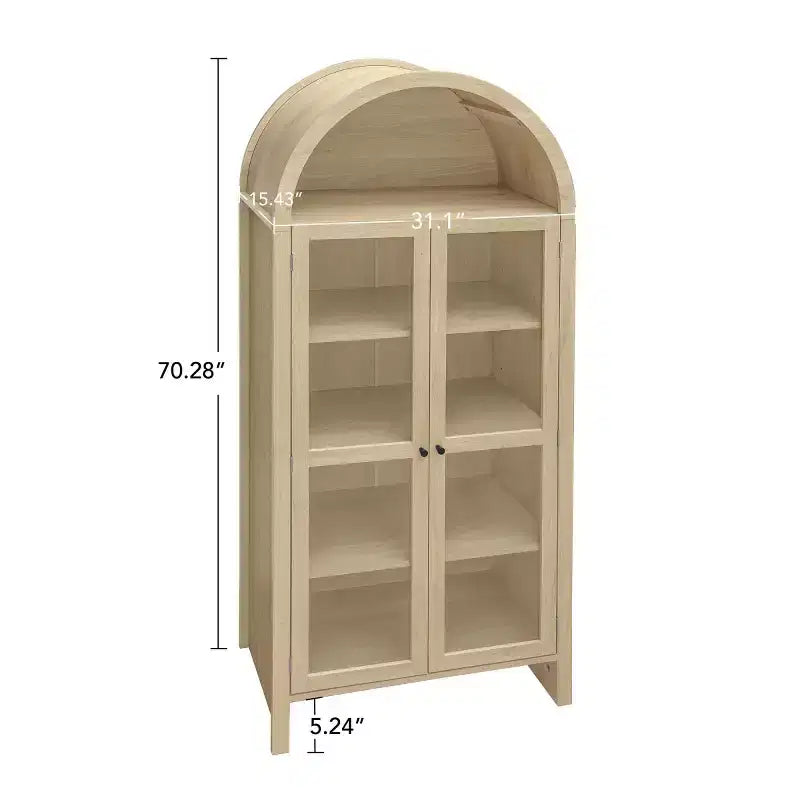 70 Armoire de présentation moderne arquée avec portes vitrées, Meuble de rangement de cuisine naturel pour la salle à manger ou le salon