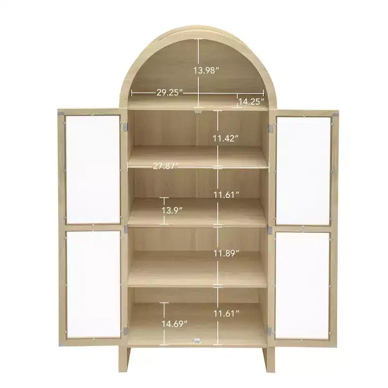 70 Armoire de présentation moderne arquée avec portes vitrées, Meuble de rangement de cuisine naturel pour la salle à manger ou le salon