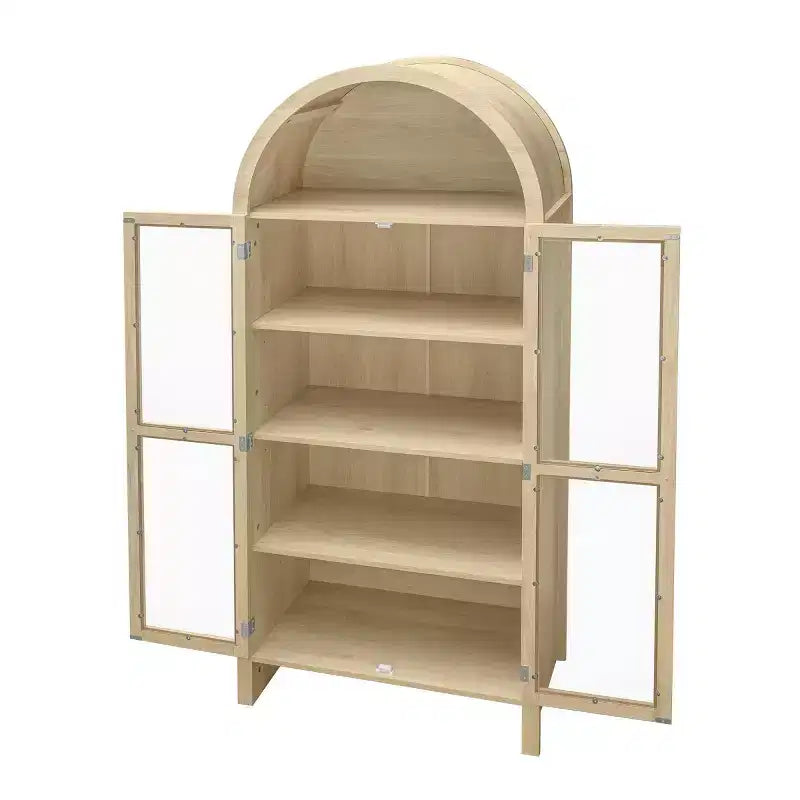 70 Armoire de présentation moderne arquée avec portes vitrées, Meuble de rangement de cuisine naturel pour la salle à manger ou le salon