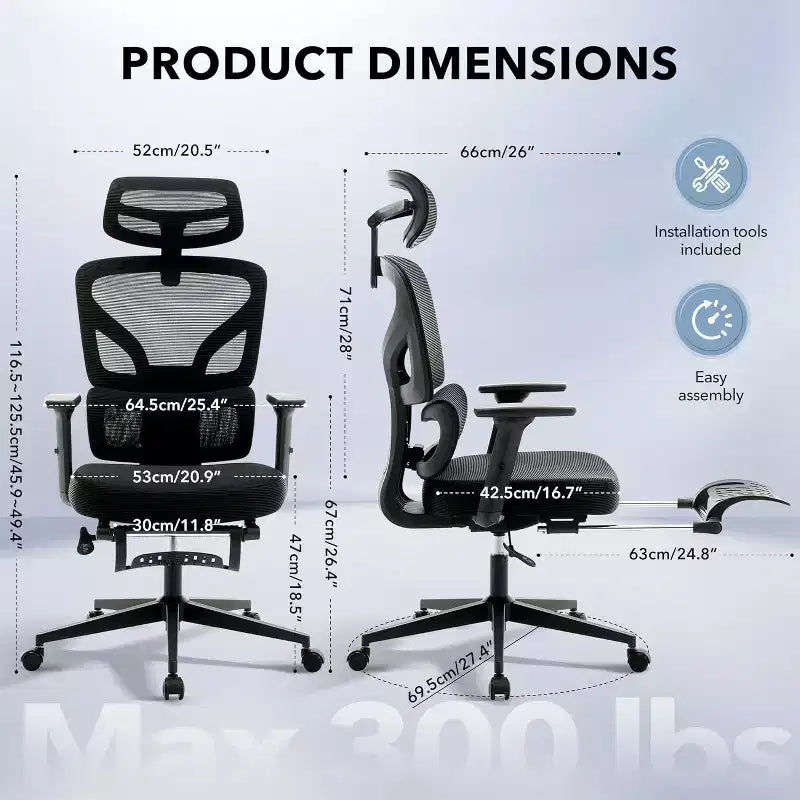 Fauteuil de bureau ergonomique avec repose-pieds réglable, soutien lombaire, fauteuil de bureau à domicile à dossier haut, fauteuil de jeu en maille avec accoudoirs 3D, appui-tête