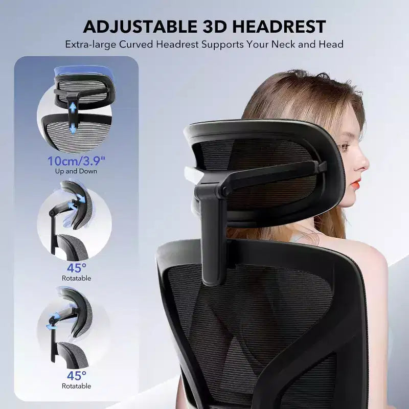 Fauteuil de bureau ergonomique avec repose-pieds réglable, soutien lombaire, fauteuil de bureau à domicile à dossier haut, fauteuil de jeu en maille avec accoudoirs 3D, appui-tête