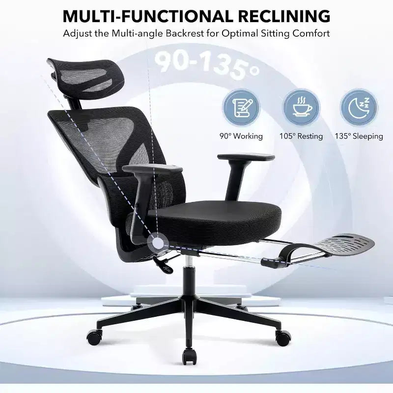 Fauteuil de bureau ergonomique avec repose-pieds réglable, soutien lombaire, fauteuil de bureau à domicile à dossier haut, fauteuil de jeu en maille avec accoudoirs 3D, appui-tête