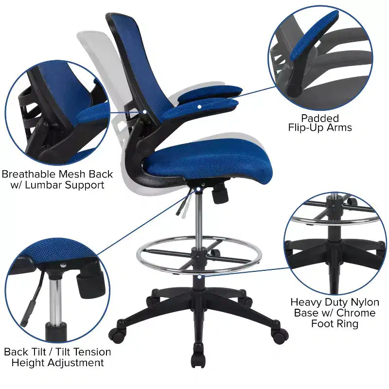 Chaise de bureau ergonomique mi-dossier en maille avec anneau repose-pieds et accoudoirs relevables