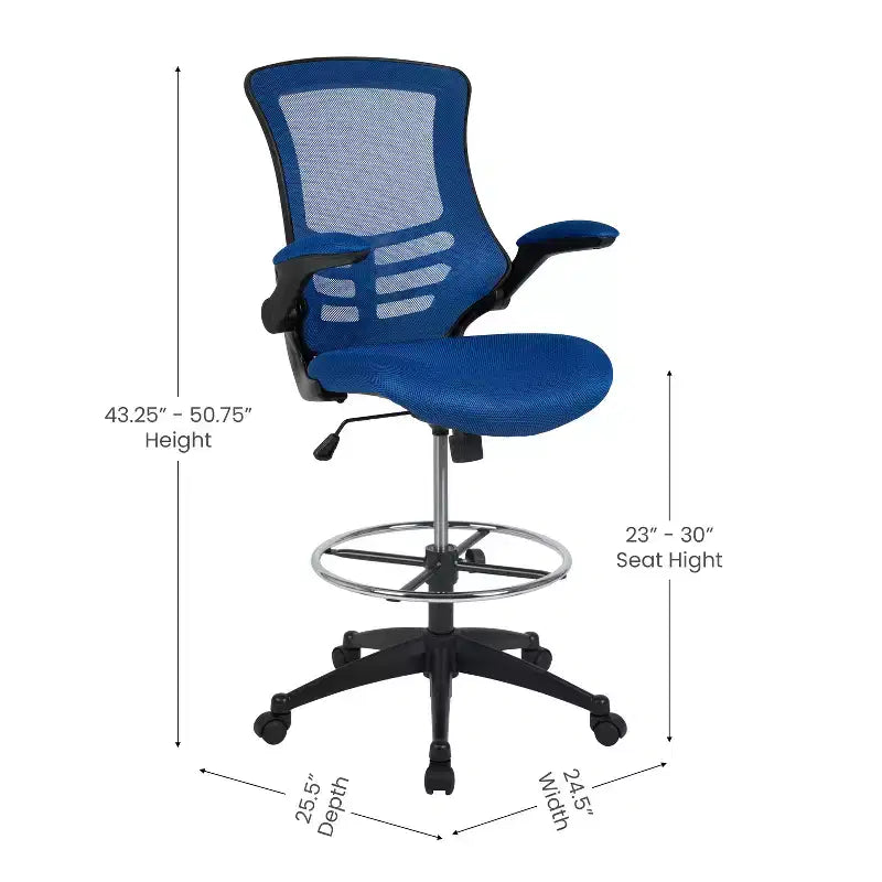 Chaise de bureau ergonomique mi-dossier en maille avec anneau repose-pieds et accoudoirs relevables