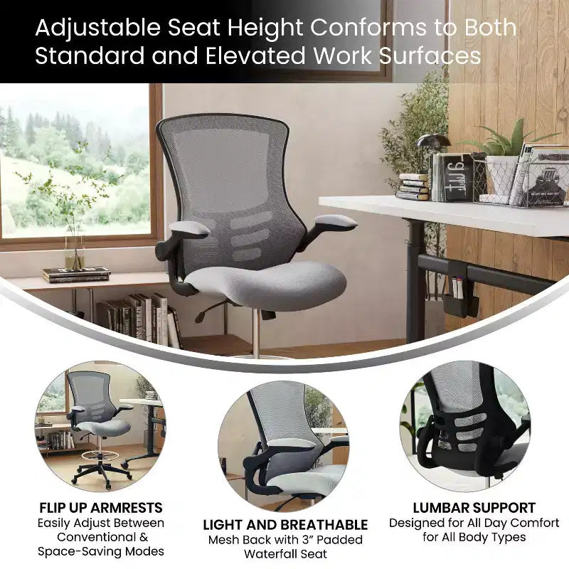 Chaise de bureau ergonomique mi-dossier en maille avec anneau repose-pieds et accoudoirs relevables