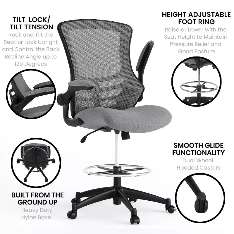 Chaise de bureau ergonomique mi-dossier en maille avec anneau repose-pieds et accoudoirs relevables