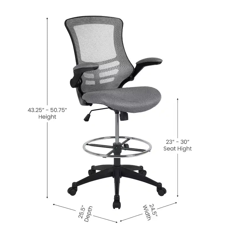 Chaise de bureau ergonomique mi-dossier en maille avec anneau repose-pieds et accoudoirs relevables