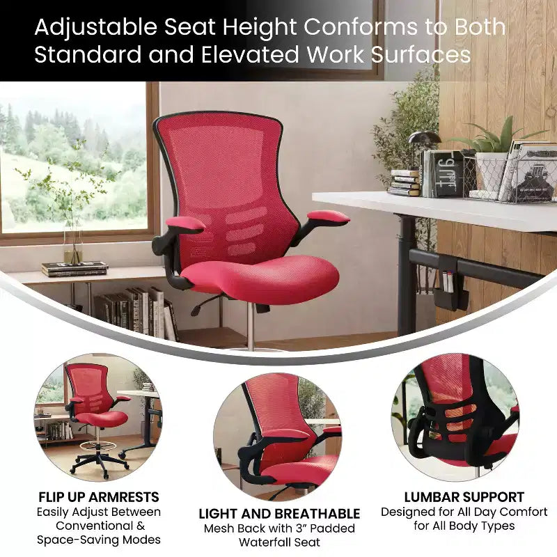 Chaise de bureau ergonomique mi-dossier en maille avec anneau repose-pieds et accoudoirs relevables