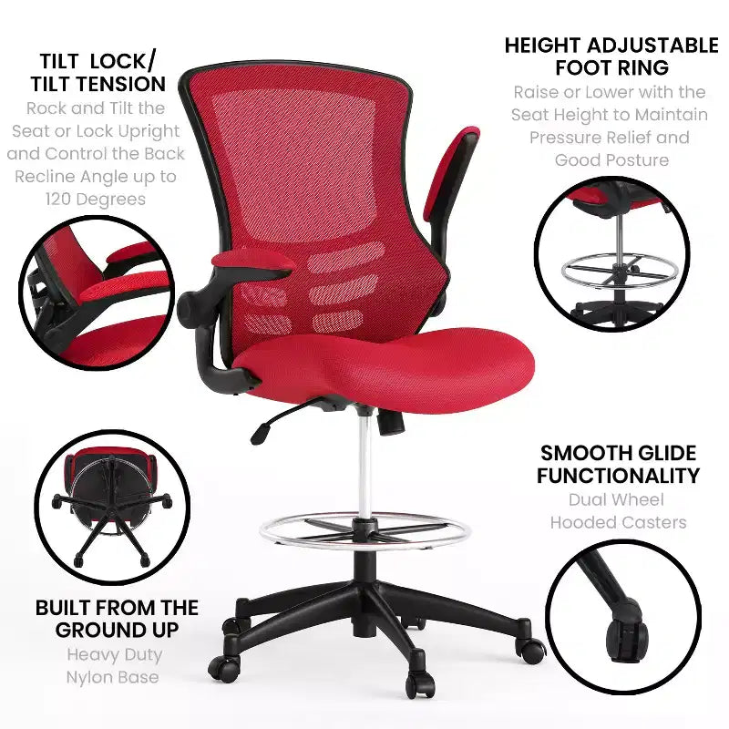 Chaise de bureau ergonomique mi-dossier en maille avec anneau repose-pieds et accoudoirs relevables
