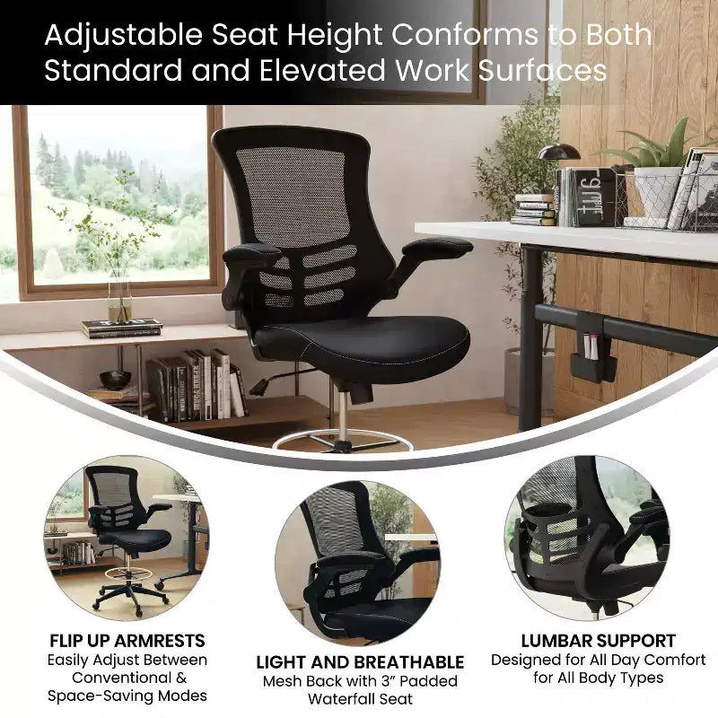 Chaise de bureau ergonomique mi-dossier en maille avec anneau repose-pieds et accoudoirs relevables