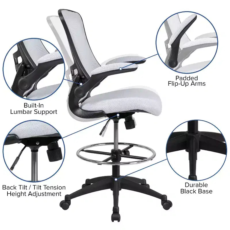 Chaise de bureau ergonomique mi-dossier en maille avec anneau repose-pieds et accoudoirs relevables
