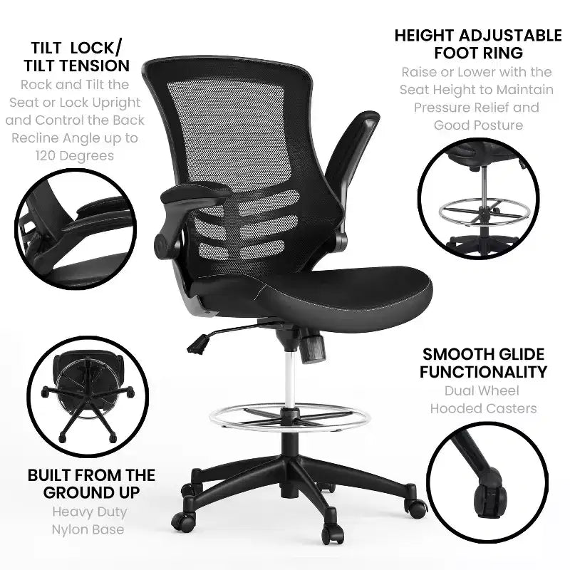 Chaise de bureau ergonomique mi-dossier en maille avec anneau repose-pieds et accoudoirs relevables