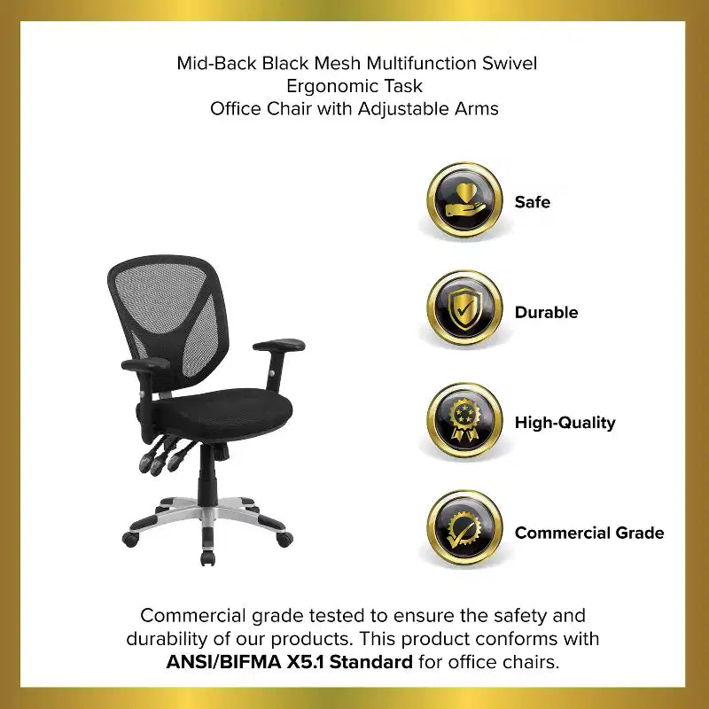 Chaise de bureau ergonomique pivotante multifonctionnelle en maille noire à dossier mi-haut - Accoudoirs