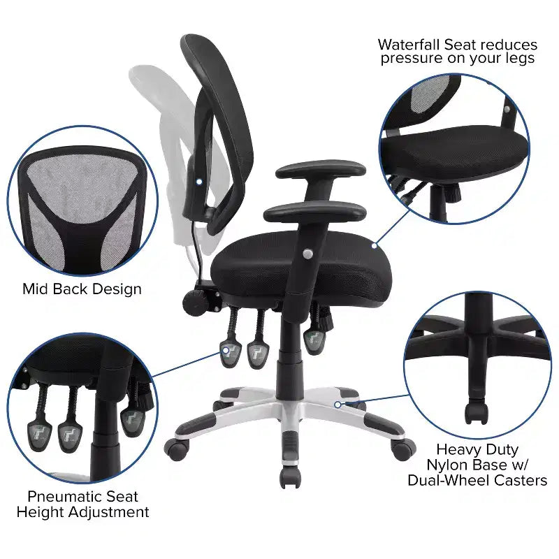 Chaise de bureau ergonomique pivotante multifonctionnelle en maille noire à dossier mi-haut - Accoudoirs