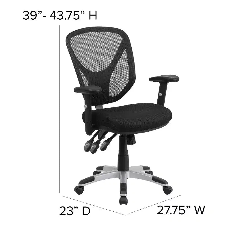 Chaise de bureau ergonomique pivotante multifonctionnelle en maille noire à dossier mi-haut - Accoudoirs
