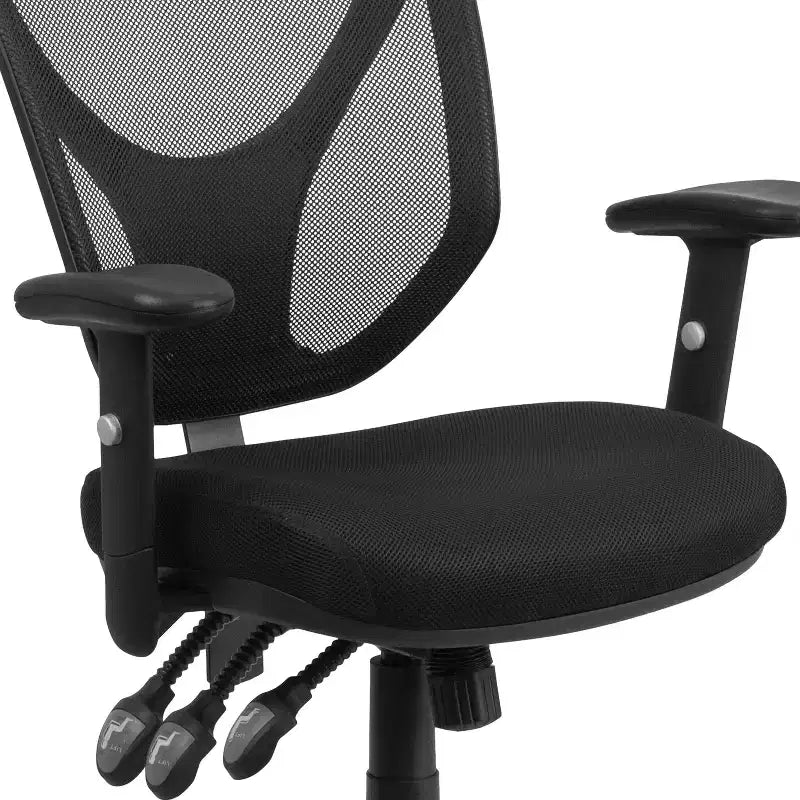 Chaise de bureau ergonomique pivotante multifonctionnelle en maille noire à dossier mi-haut - Accoudoirs