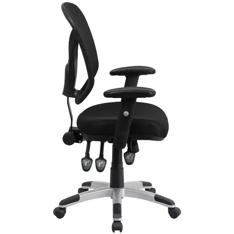 Chaise de bureau ergonomique pivotante multifonctionnelle en maille noire à dossier mi-haut - Accoudoirs