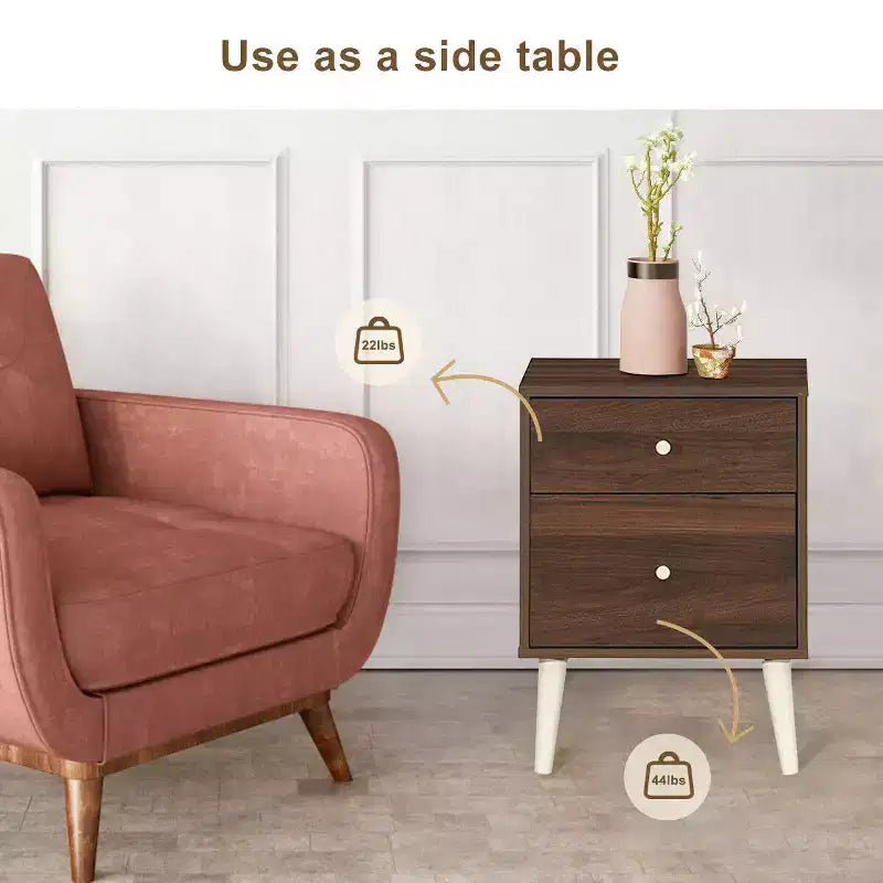 Table de chevet 2 tiroirs d'appoint avec pieds en caoutchouc