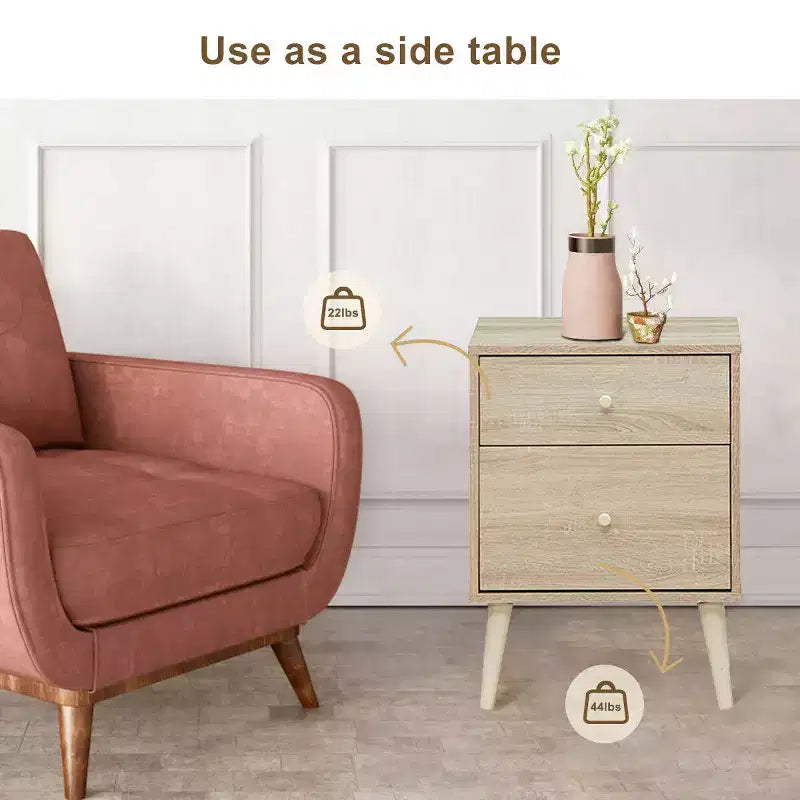Table de chevet 2 tiroirs d'appoint avec pieds en caoutchouc