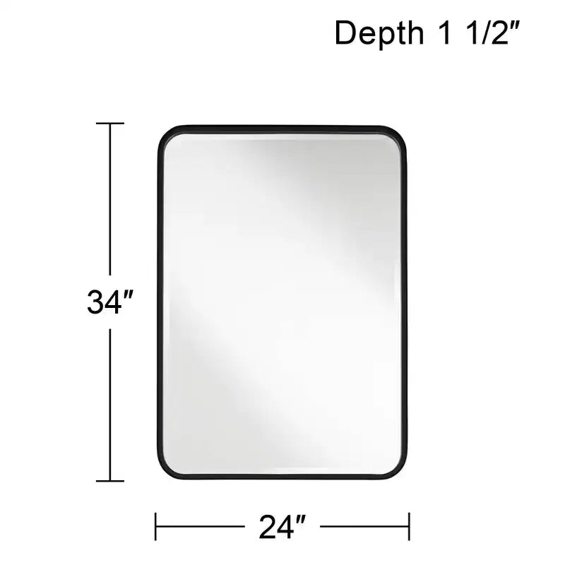 Miroir mural rectangulaire moderne biseauté à bords arrondis en fer noir de 24 pouces de large Liguria pour salle de bain, chambre, salon, entrée