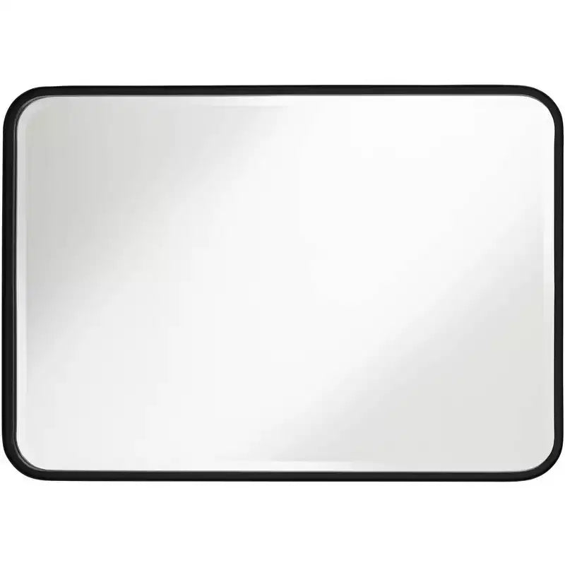Miroir mural rectangulaire moderne biseauté à bords arrondis en fer noir de 24 pouces de large Liguria pour salle de bain, chambre, salon, entrée